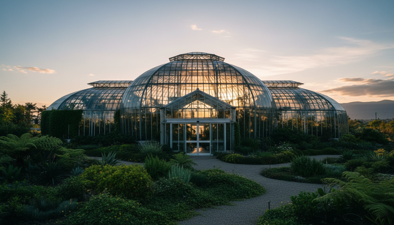 Greenhouse exterior at golden hour